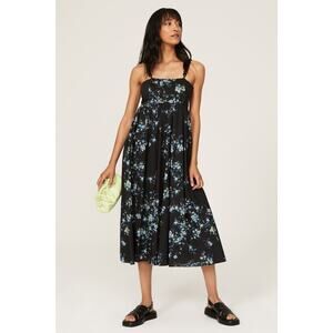 Les Rêveries Black Blue Floral Hourglass Square Neck Strap Midi Dress Size 6
